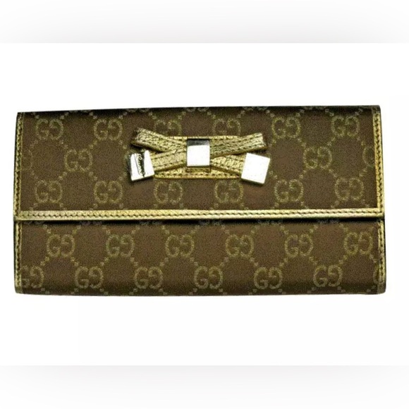 Gucci Princy Long Trifold Flap Wallet Gold Metallic and Brown GG Monogram Bow - Picture 10 of 17